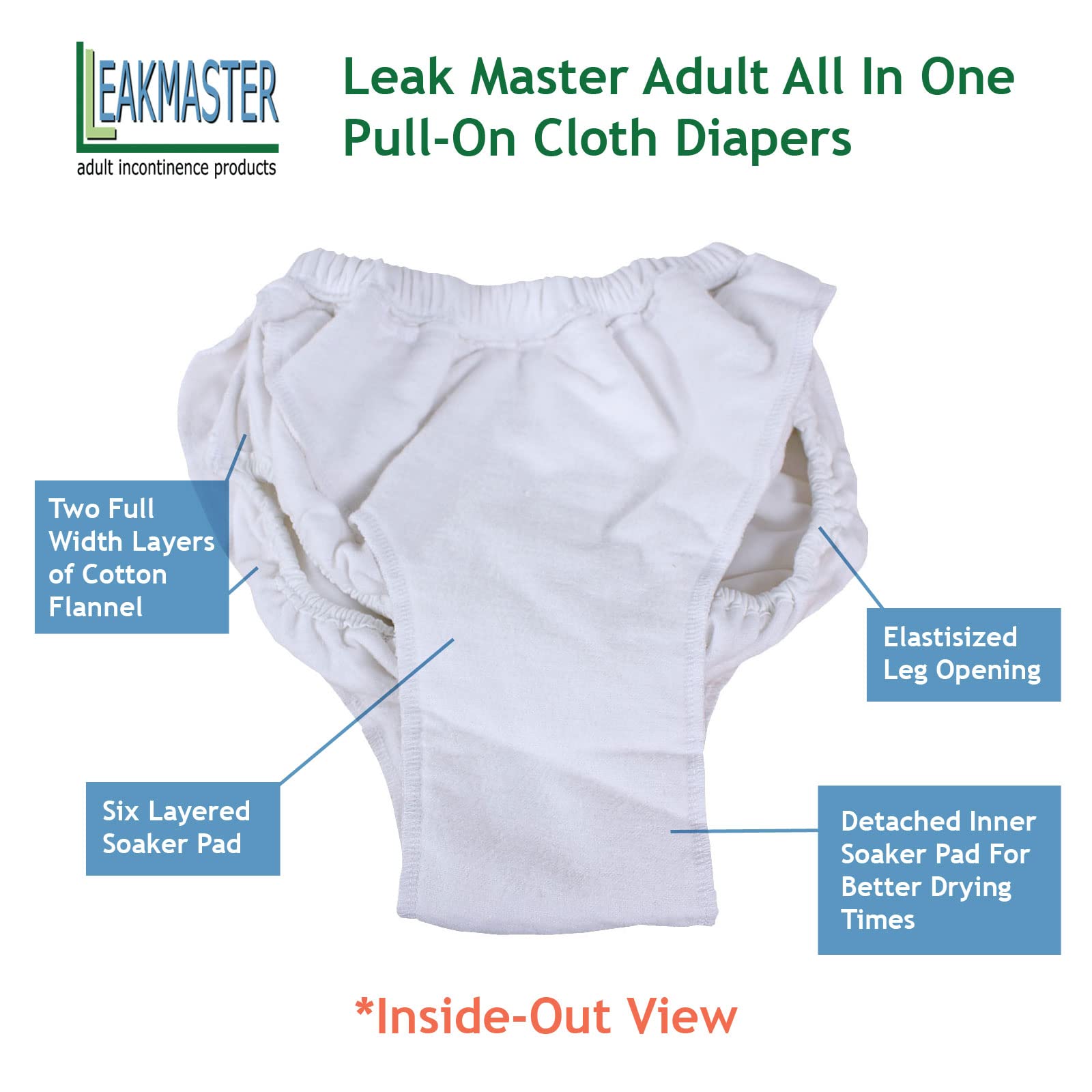 Adult All in One Pull-On Cloth Diaper by LeakMaster - Sewn-On Waterproof Outer Layer. 8 Total Interior Layers of Absorbency. Secure Incontinence Protection. (Large 30-36-Inch Waist)