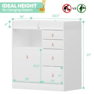 DAWNSPACES Baby Changing Table Dresser with 5 Drawers & Shelf, 2 in 1 Nursery Dresser Chest for Infants w/Changing Station, 33.5" Storage Changing Station Dresser, White