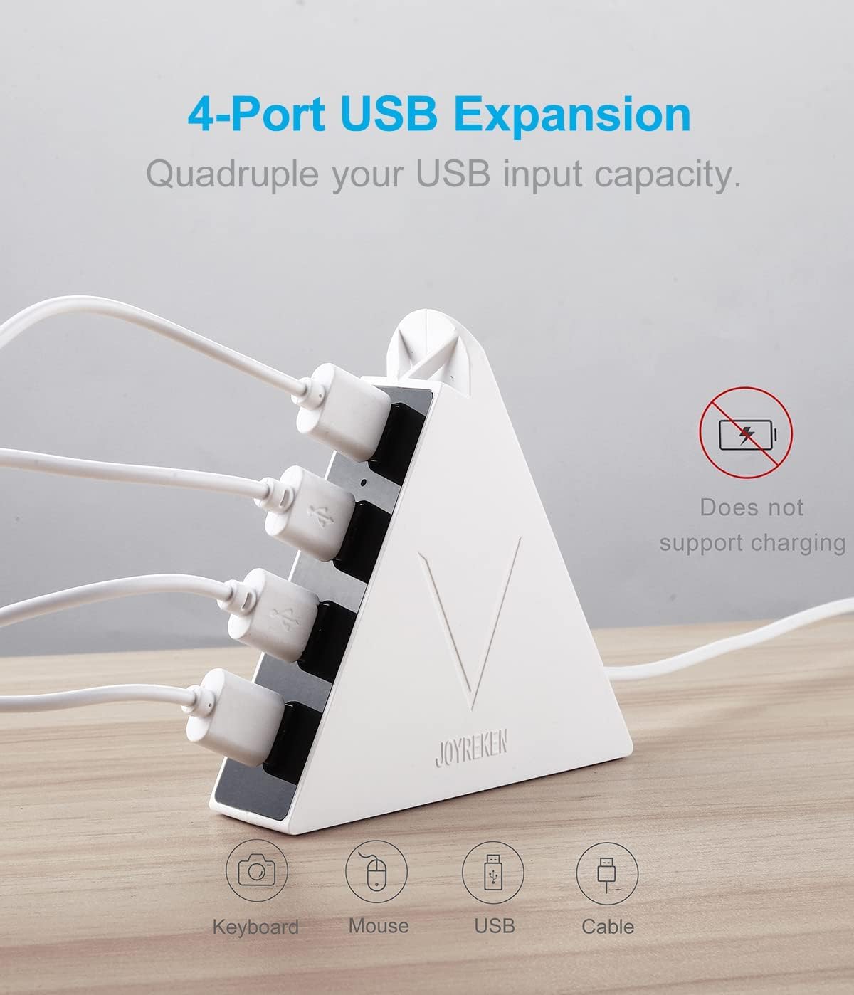 JoyReken USB 3.0 Hub,4 Port USB Hub Tower,2ft Cable USB Splitter for Laptop,PC, PS4,PS5,Xbox,Mouse,Keyboard, Flash Drive, U-Disk (White)