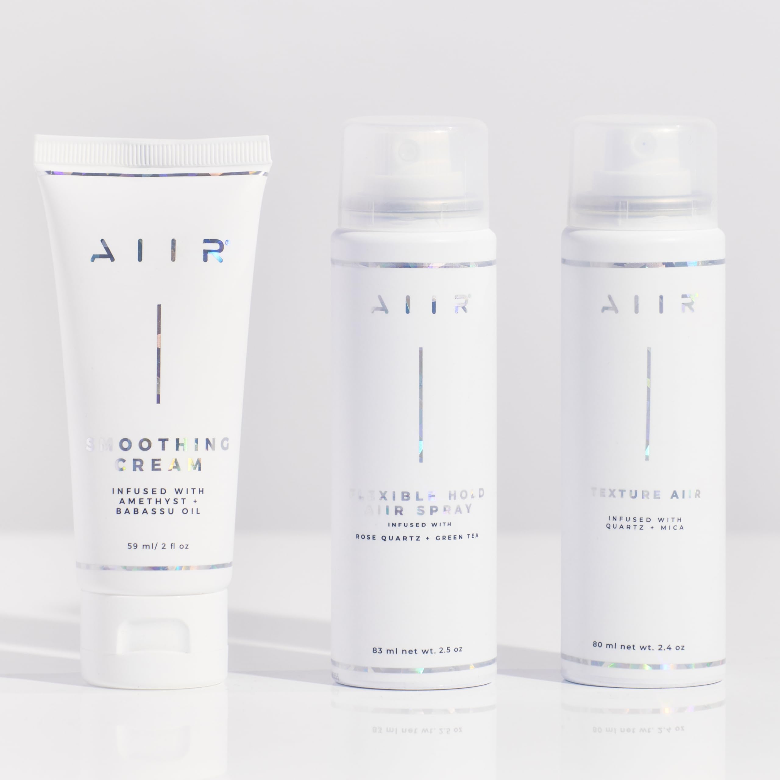 AIIR Professional Travel Size Haircare Bundle - Texture Spray, Smoothing Cream, Flexible Hold Hairspray & Travel Bag, Vegan Hair Care Infused with Crystals, Clean Beauty