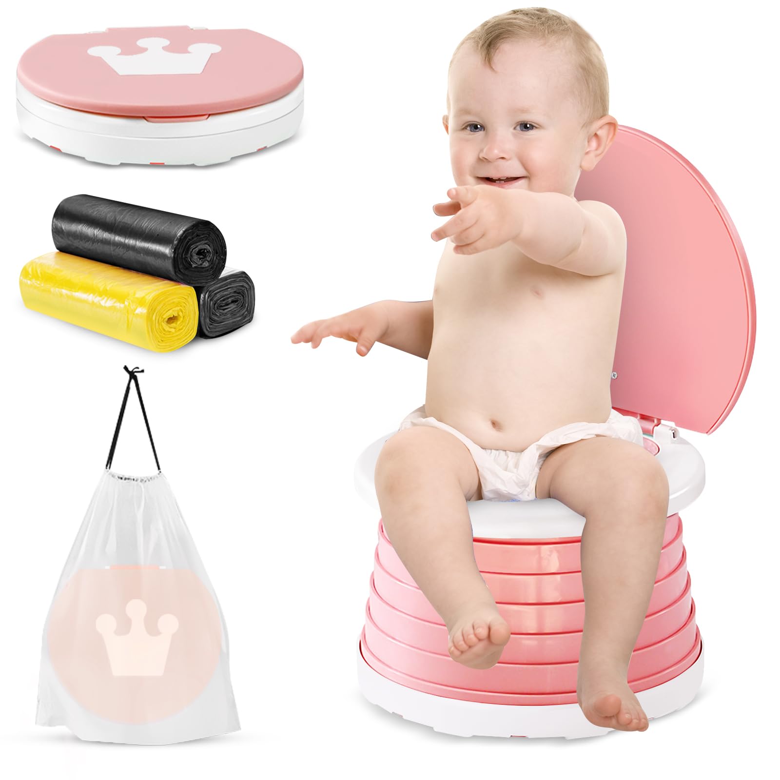 Travel potty for toddlers, Portable Potty for Toddlers Foldable Kids Training Toilet Seat for Boys Girls Baby Carry Potty Children Car Potty Chair for Camping Park with 3 rolls bag（Pink）