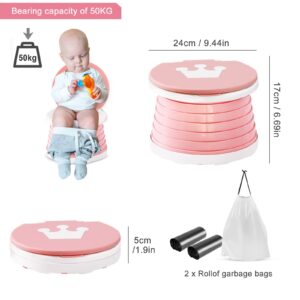 Travel potty for toddlers, Portable Potty for Toddlers Foldable Kids Training Toilet Seat for Boys Girls Baby Carry Potty Children Car Potty Chair for Camping Park with 3 rolls bag（Pink）