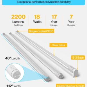 Sunco 100 Pack T8 LED Bulbs 4 Foot, LED Fluorescent Tube Replacement, 4ft LED Tube Light, Ballast Bypass, 18W, 2200 LM, 6000K Daylight Deluxe, Single Ended Power, Clear Lens, UL