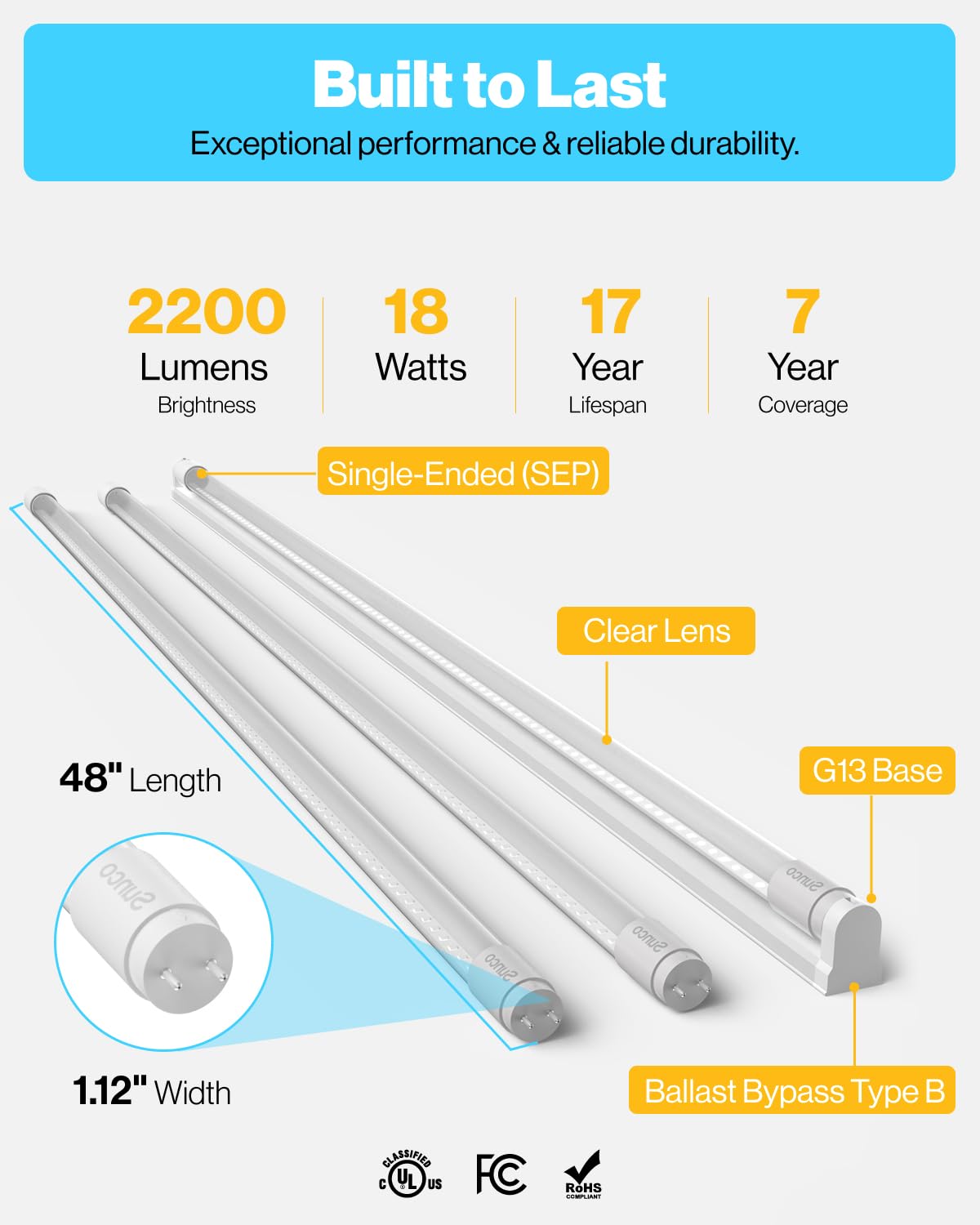 Sunco 100 Pack T8 LED Bulbs 4 Foot, LED Fluorescent Tube Replacement, 4ft LED Tube Light, Ballast Bypass, 18W, 2200 LM, 6000K Daylight Deluxe, Single Ended Power, Clear Lens, UL