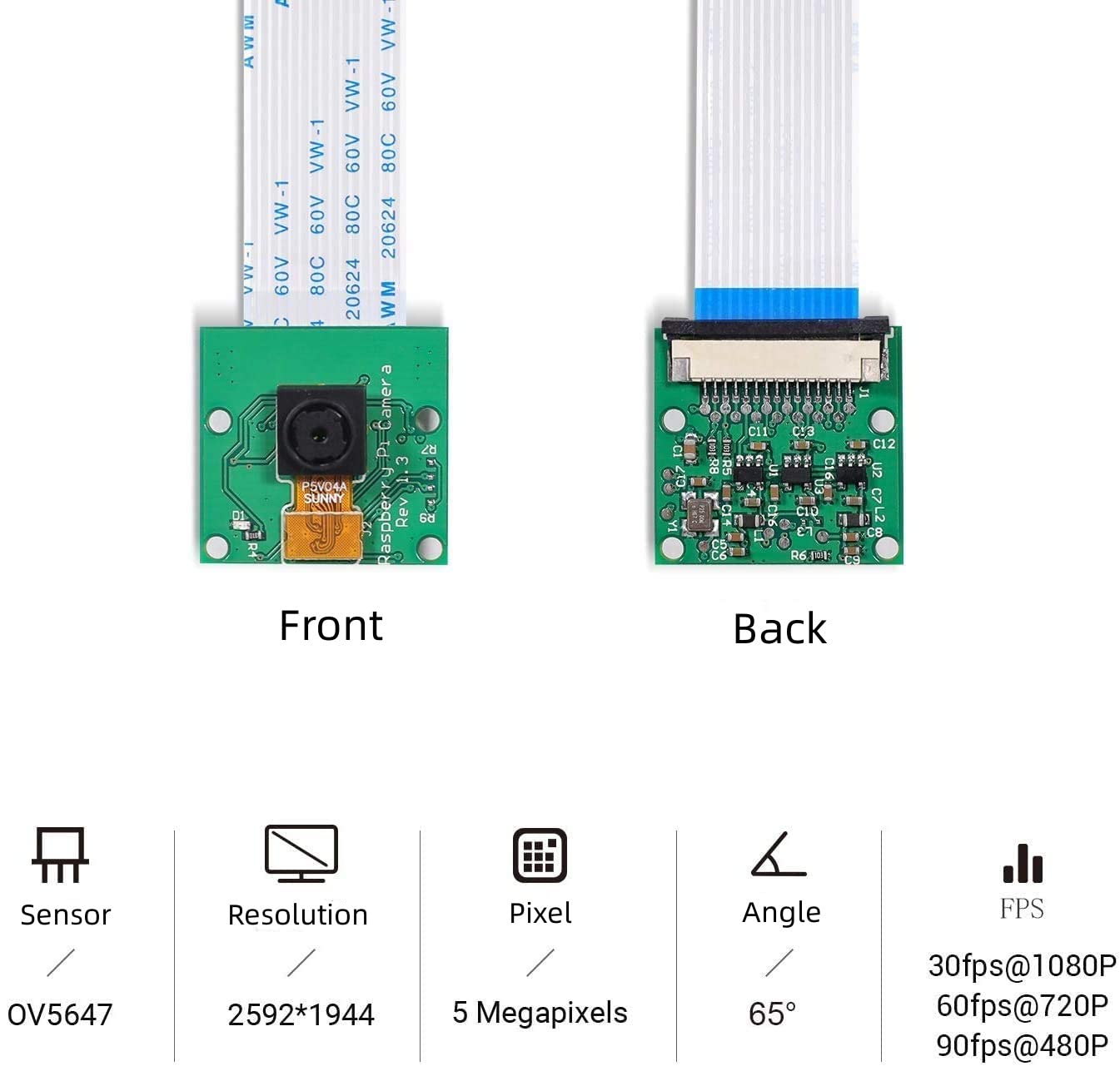 RasTech for Raspberry Pi Camera Module 5MP 1080p OV5647 Webcam Video Camera Module Set with 1 Clear Stand and 3 Ribbon Cable for Pi 5 Pi 4 Model A/B, Zero w/2w