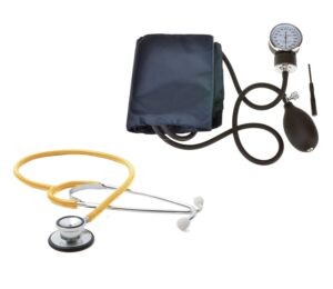 dealmed blood pressure monitor and stethoscope bundle | includes (1) arm blood pressure monitor with adult cuff (black) and (1) dual-head stethoscope (yellow)