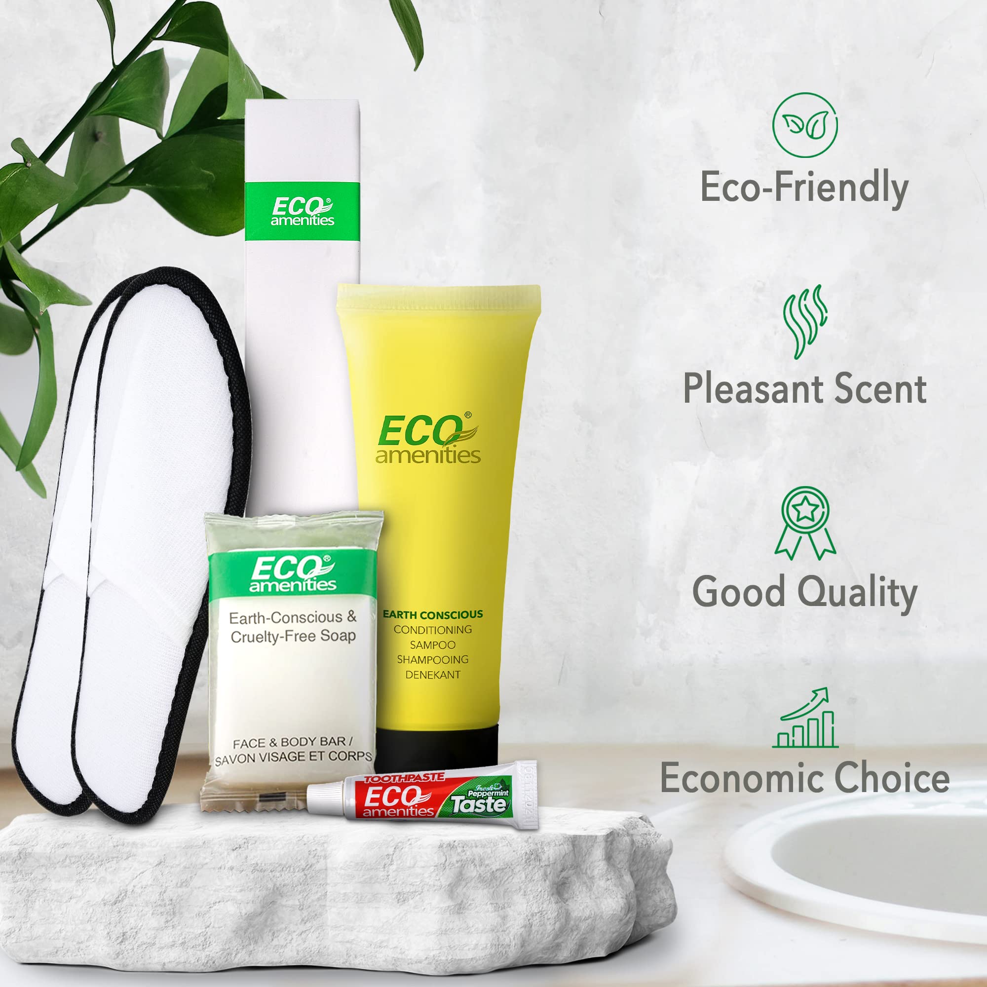 ECO Amenities 140 PIECE Bulk Hotel Toiletries Set - 30ml Conditioning Shampoo, 14g Bar Soap, Boxed Toothbrush and Toothpaste (40 each), Closed Toe Slippers (20 pairs) for Travel, Hotels, AirBnB Guests