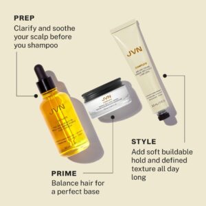 JVN Trusted Trio Essentials Set Travel - Mini Complete Size Air Dry Cream, Full Size Pre-Wash Scalp Treatment Oil, and Instant Recovery Heat Protectant Leave-In Serum