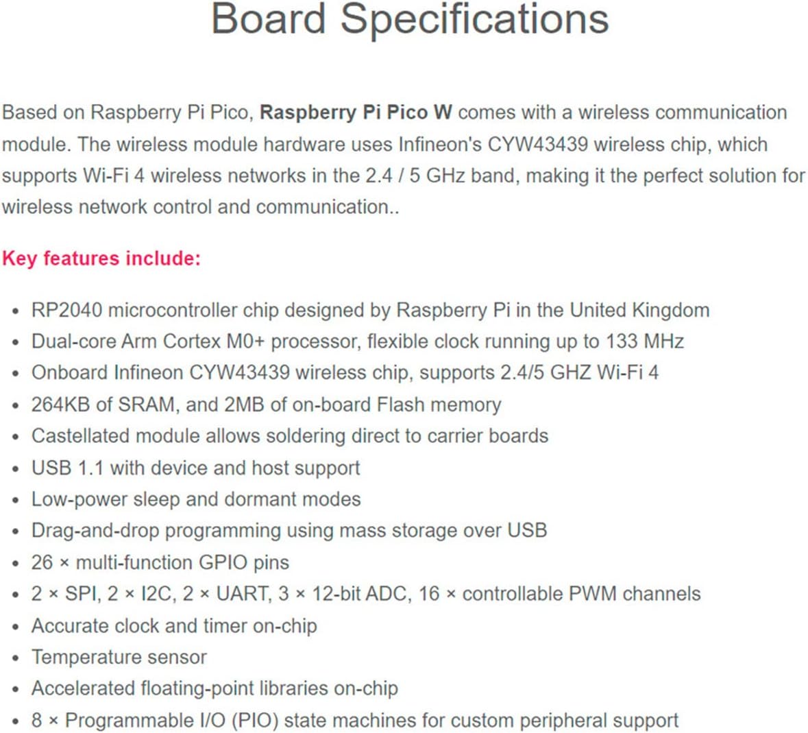 waveshare Pre-Soldered Header Raspberry Pi Pico W, Built-in WiFi Support 2.4 GHZ Wi-Fi 4, Based on Official RP2040 Dual-Core Processor,Dual-core Arm Cortex M0+ Processor