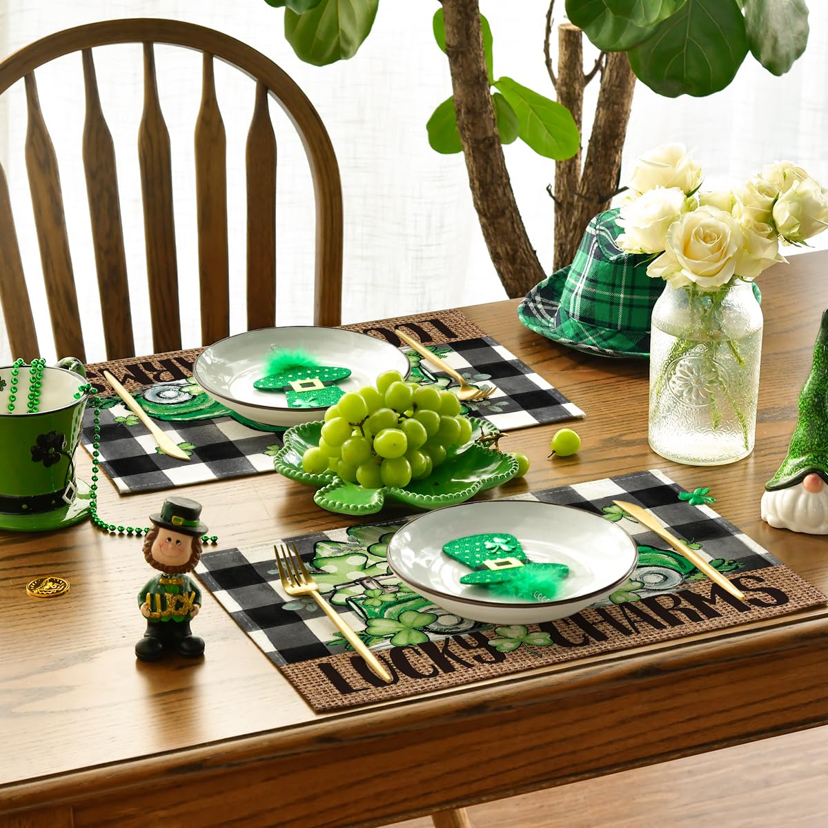 Artoid Mode Bufflao Plaid Truck Shamrock St. Patrick's Day Placemats Set of 4, 12x18 Inch Lucky Spring Table Mats for Party Kitchen Dining Decoration