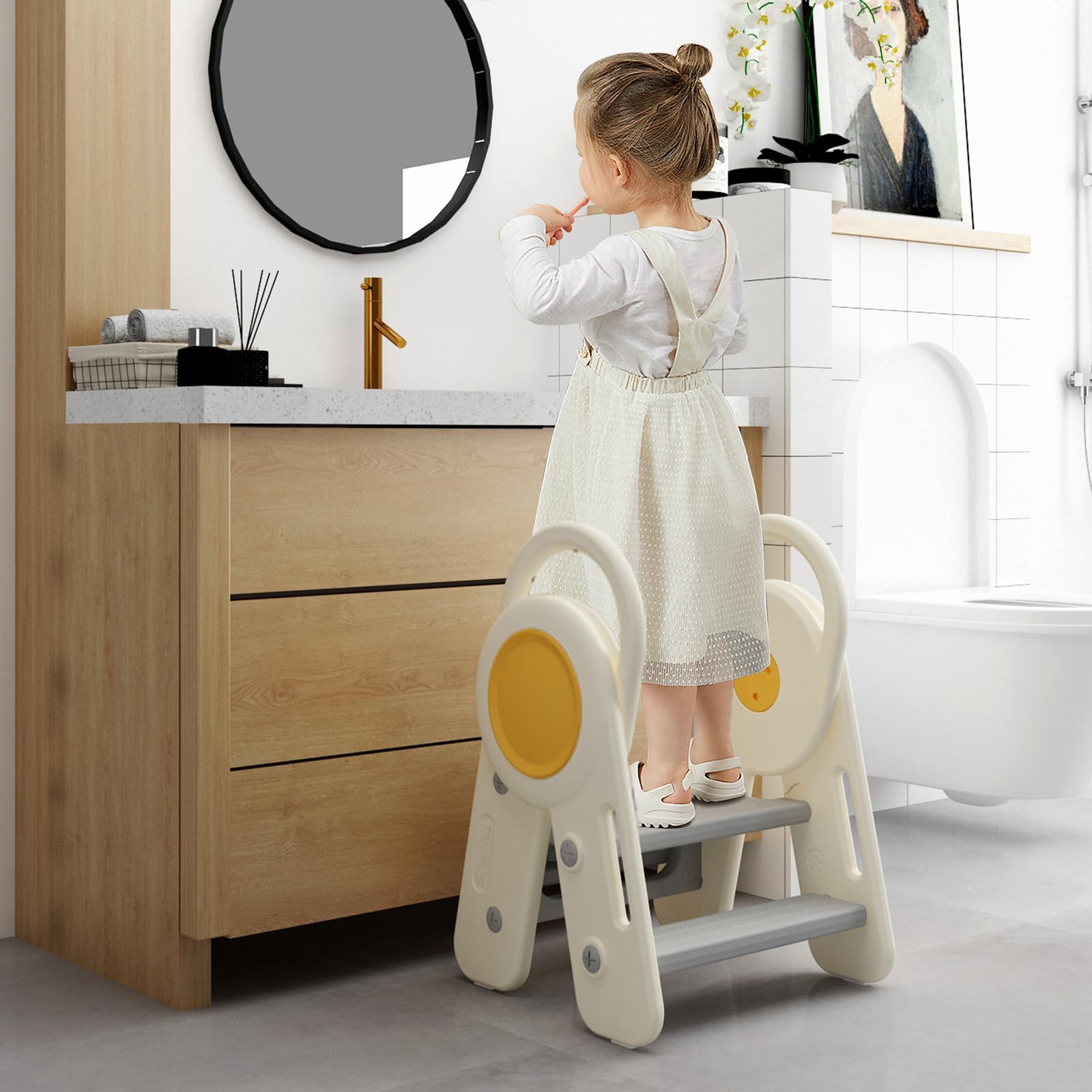 Benarita Step Stool for Toddler 3 Step Stool, Kids Foldable Step Stool for Bathroom Sink, Kitchen Counter Standing Tower, Step Ladder with Handles and Non-Slip Pads for Toilet Potty Training,Yellow