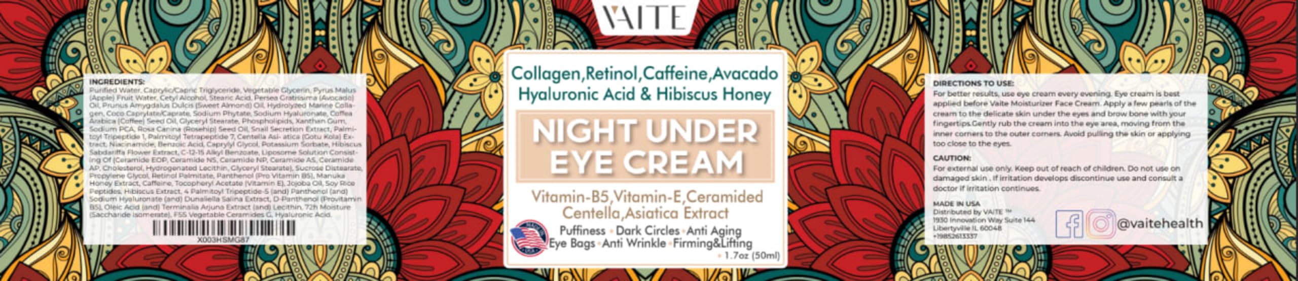 Under Eye Cream with Collagen, Retinol, Caffeine & Hyaluronic Acid – Night & Day Moisturizer for Puffiness, Dark Circles, Anti-Aging & Wrinkles – Enriched with Vitamin B5, E, Hibiscus & Avocado