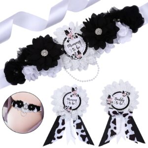 joymemo cow baby shower sash - maternity sash kit with mom to be dad to be corsage pins, cow gender reveal pregnancy flower belly belt photo props new parents keepsake, farm cow print party decor