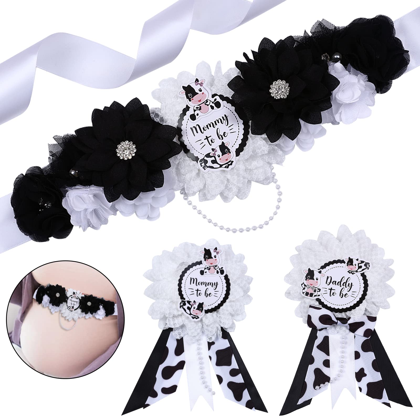 JOYMEMO Cow Baby Shower Sash - Maternity Sash Kit with Mom to Be Dad to Be Corsage Pins, Cow Gender Reveal Pregnancy Flower Belly Belt Photo Props New Parents Keepsake, Farm Cow Print Party Decor