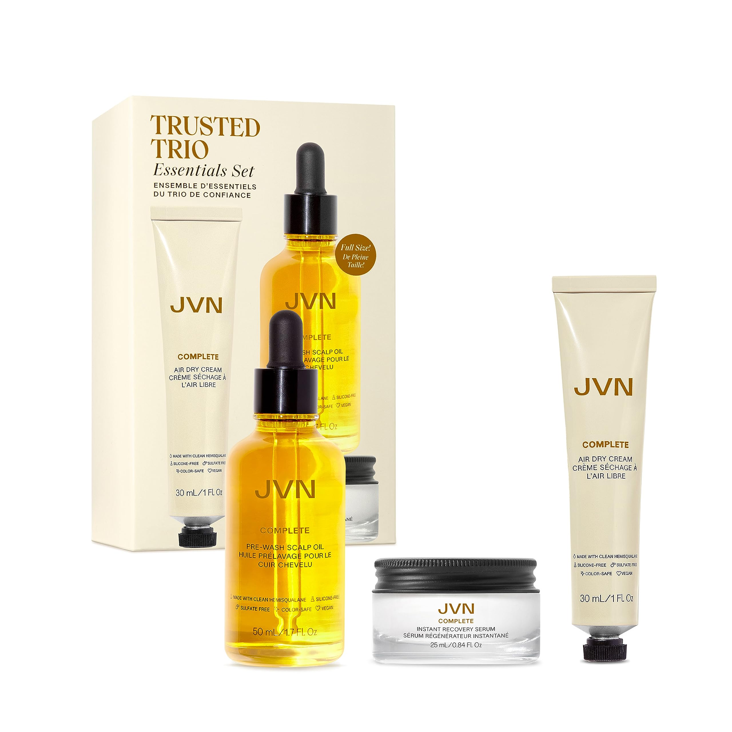 JVN Trusted Trio Essentials Set Travel - Mini Complete Size Air Dry Cream, Full Size Pre-Wash Scalp Treatment Oil, and Instant Recovery Heat Protectant Leave-In Serum