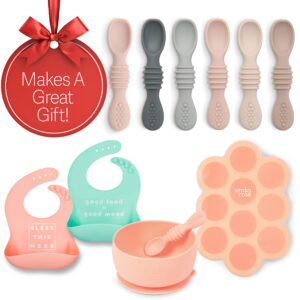 Simka Rose Starting Solids Foodie Gift Pack - Silicone Baby Spoons, Soft Bibs, Baby Food Freezer Tray & Suction Bowl and Spoon set - Baby Necessities Must Have First Time Mom