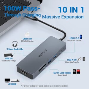 HOPDAY 10 in 1 USB C Hub, USB C Adapter MacBook Pro/Air iPad Pro Adapter with 4K HDMI Output, Compatible for Laptop, Surface Pro 8, Type C Devices (PD 100W USB 3.0 TF Card Reader)