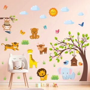 Jungle Animal Wall Decals Cartoon Tree Animal Wall Stickers Forest Animal Wall Decals Peel and Stick Elephant Woodland Animal Wall Decal for Girl Boy Room Kids Baby Room Nursery Playroom Bedroom Decor