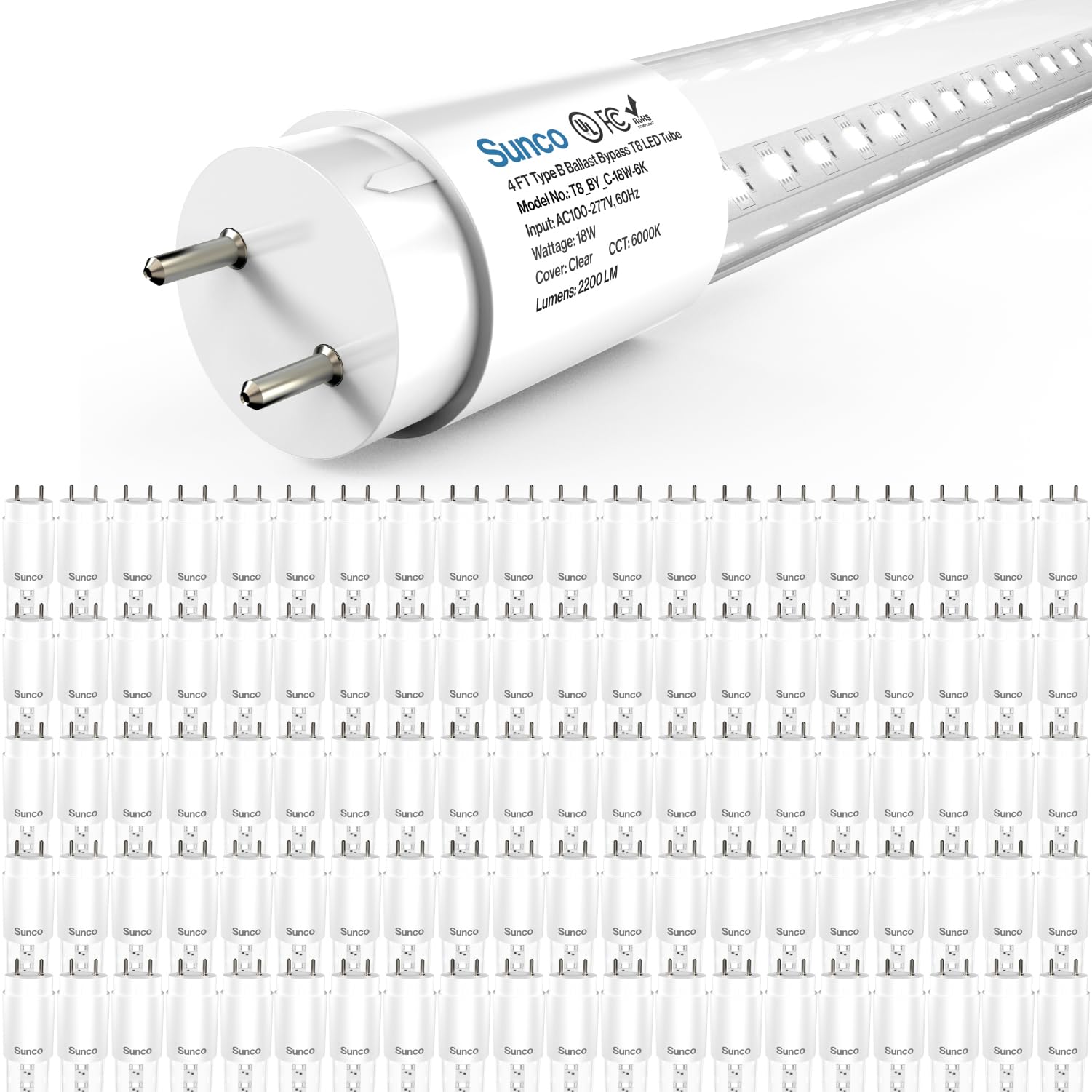 Sunco 100 Pack T8 LED Bulbs 4 Foot, LED Fluorescent Tube Replacement, 4ft LED Tube Light, Ballast Bypass, 18W, 2200 LM, 6000K Daylight Deluxe, Single Ended Power, Clear Lens, UL