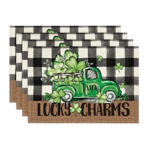 artoid mode bufflao plaid truck shamrock st. patrick's day placemats set of 4, 12x18 inch lucky spring table mats for party kitchen dining decoration