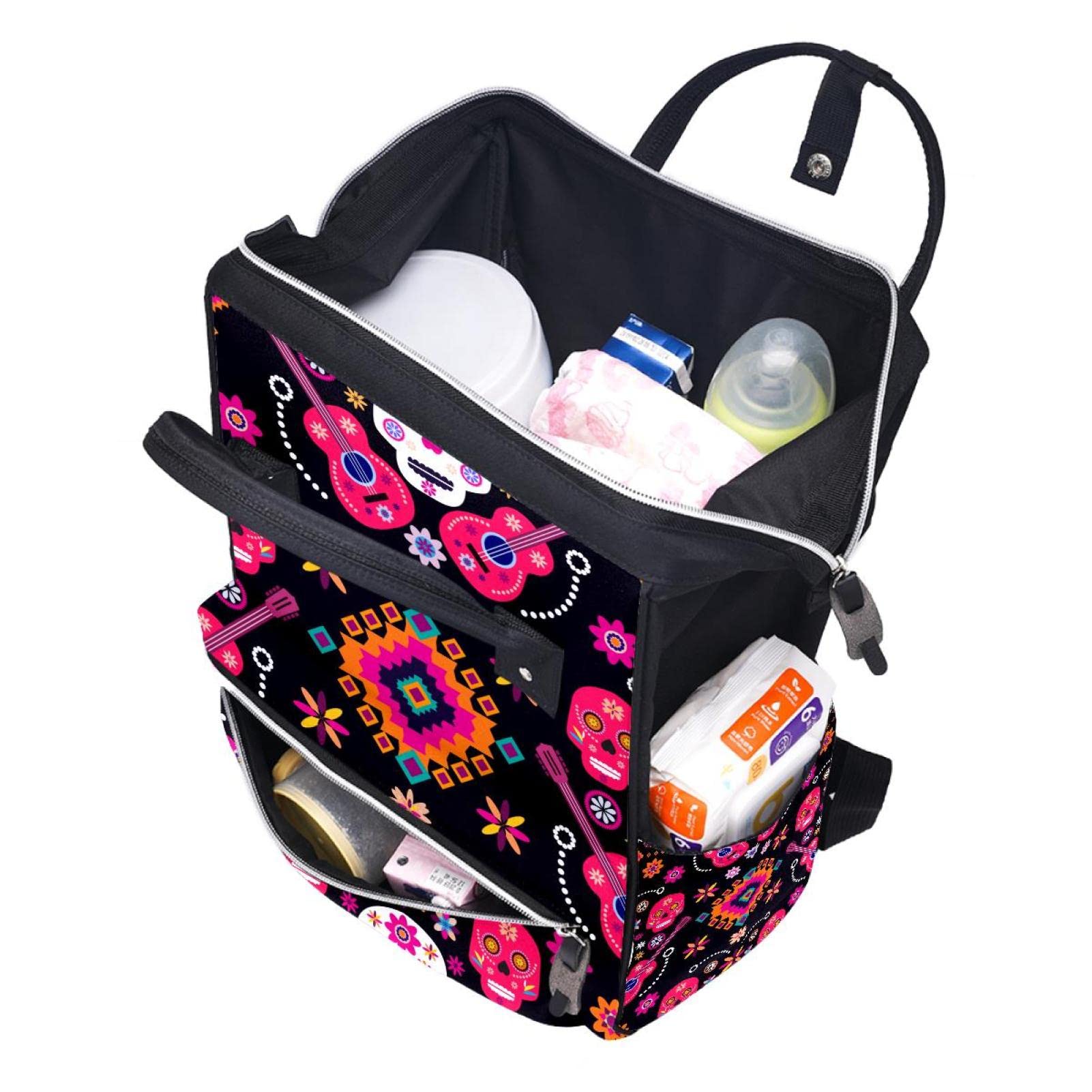 Sugar Skulls with Flowers Guitar Diaper Bag Backpack Baby Nappy Changing Bags Multi Function Large Capacity Travel Bag