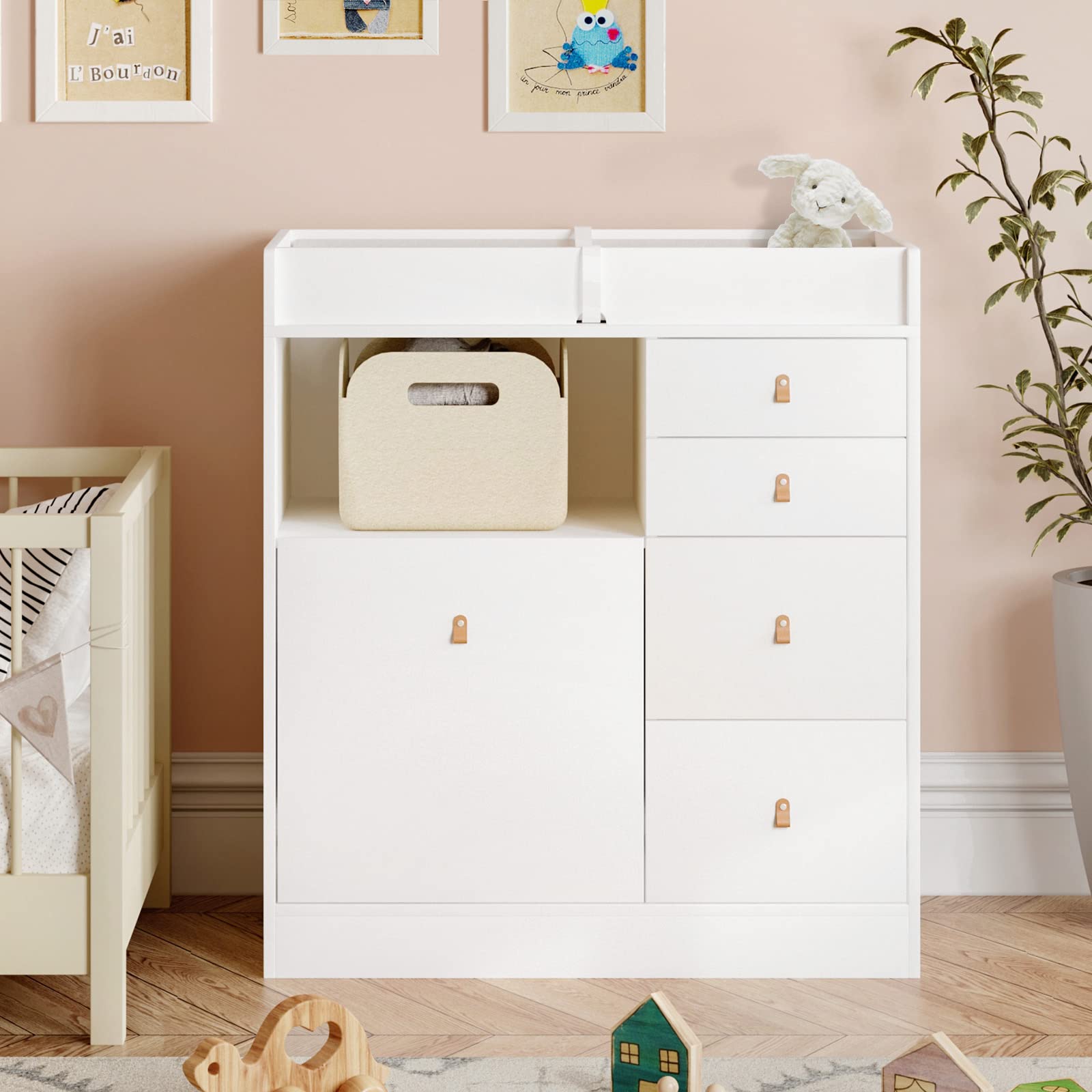 DAWNSPACES Baby Changing Table Dresser with 5 Drawers & Shelf, 2 in 1 Nursery Dresser Chest for Infants w/Changing Station, 33.5" Storage Changing Station Dresser, White