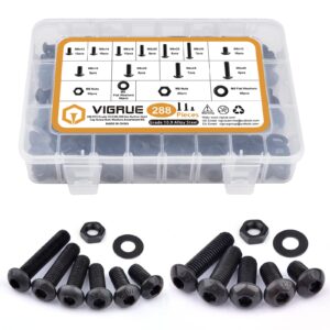 vigrue 288pcs m6 m8 button head hex socket cap screws bolts nuts washer assortment kit, 10.9 grade alloy steel black oxide, fully threaded