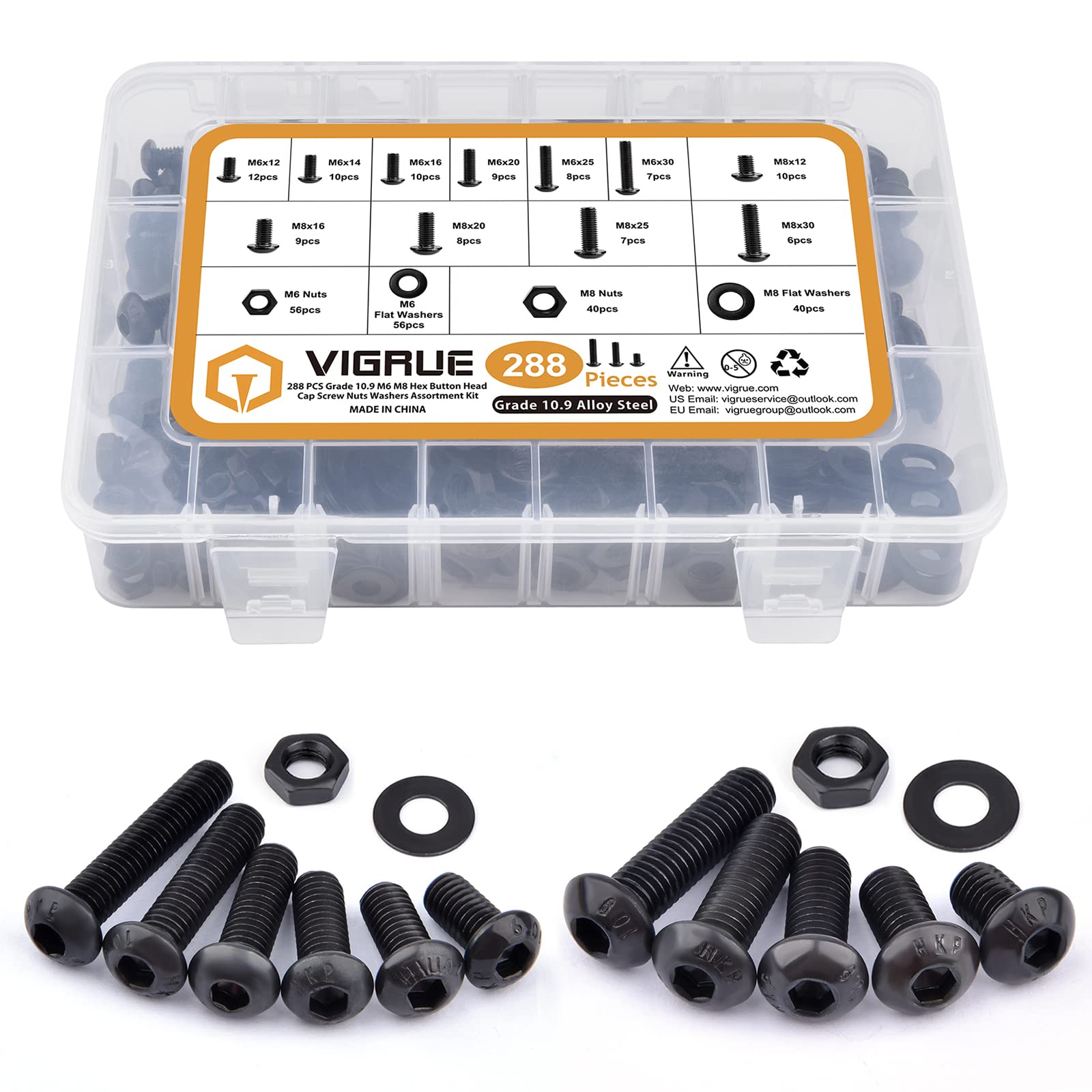 VIGRUE 288PCS M6 M8 Button Head Hex Socket Cap Screws Bolts Nuts Washer Assortment Kit, 10.9 Grade Alloy Steel Black Oxide, Fully Threaded