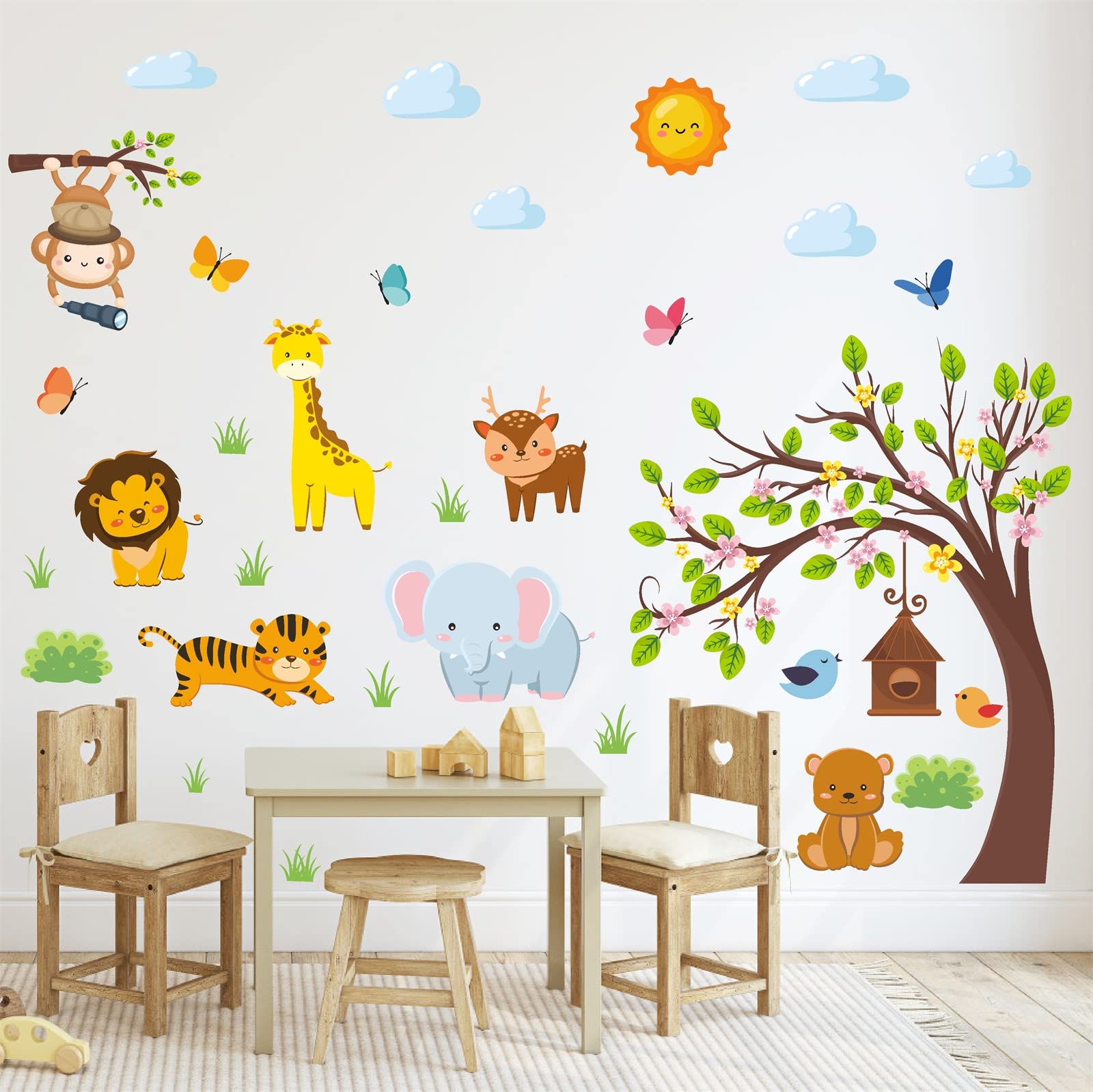 Jungle Animal Wall Decals Cartoon Tree Animal Wall Stickers Forest Animal Wall Decals Peel and Stick Elephant Woodland Animal Wall Decal for Girl Boy Room Kids Baby Room Nursery Playroom Bedroom Decor