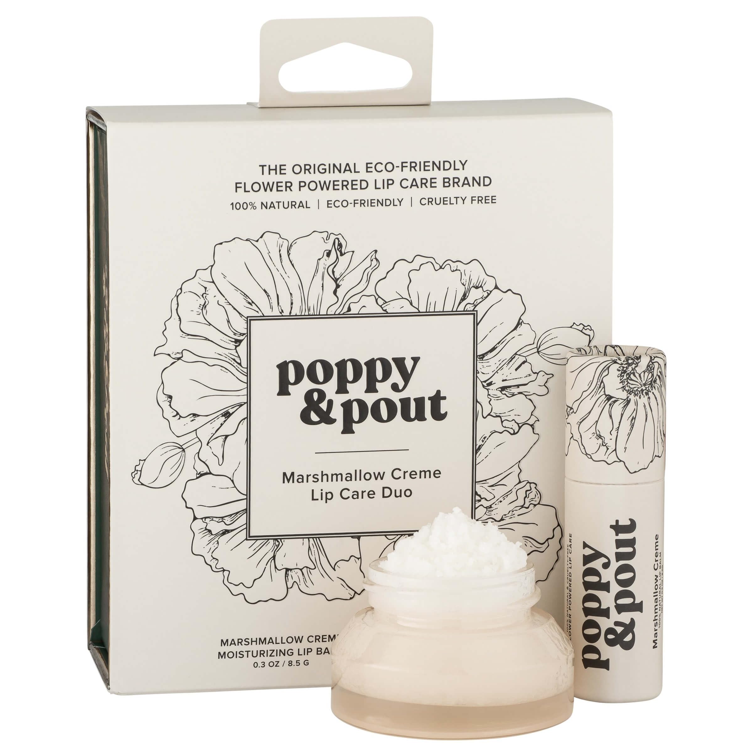 Poppy & Pout Lip Care Set | Lip Balm & Scrub | Sustainable Cardboard Tubes & Glass Jars, All Natural, Beeswax, Coconut Oil, Cruelty Free, Exfoliating & Moisturizing Lip Treatment (Marshmallow Cream)