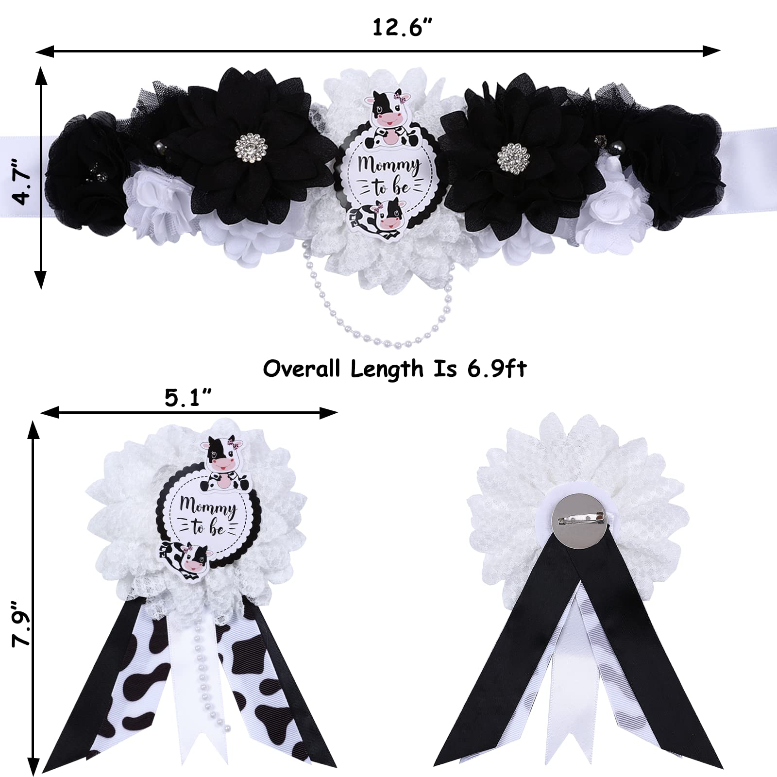 JOYMEMO Cow Baby Shower Sash - Maternity Sash Kit with Mom to Be Dad to Be Corsage Pins, Cow Gender Reveal Pregnancy Flower Belly Belt Photo Props New Parents Keepsake, Farm Cow Print Party Decor