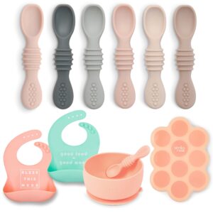 simka rose starting solids foodie gift pack - silicone baby spoons, soft bibs, baby food freezer tray & suction bowl and spoon set - baby necessities must have first time mom