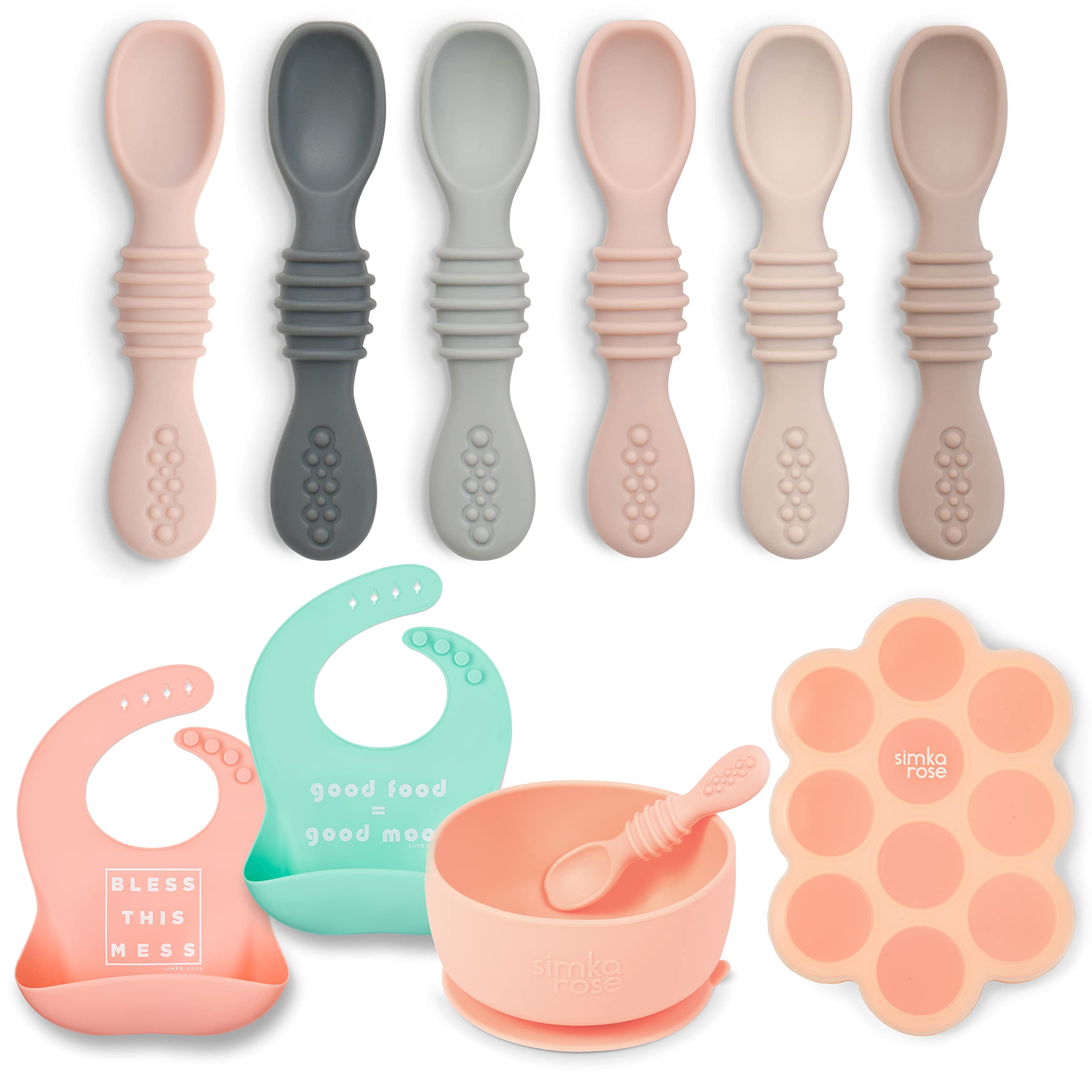 Simka Rose Starting Solids Foodie Gift Pack - Silicone Baby Spoons, Soft Bibs, Baby Food Freezer Tray & Suction Bowl and Spoon set - Baby Necessities Must Have First Time Mom