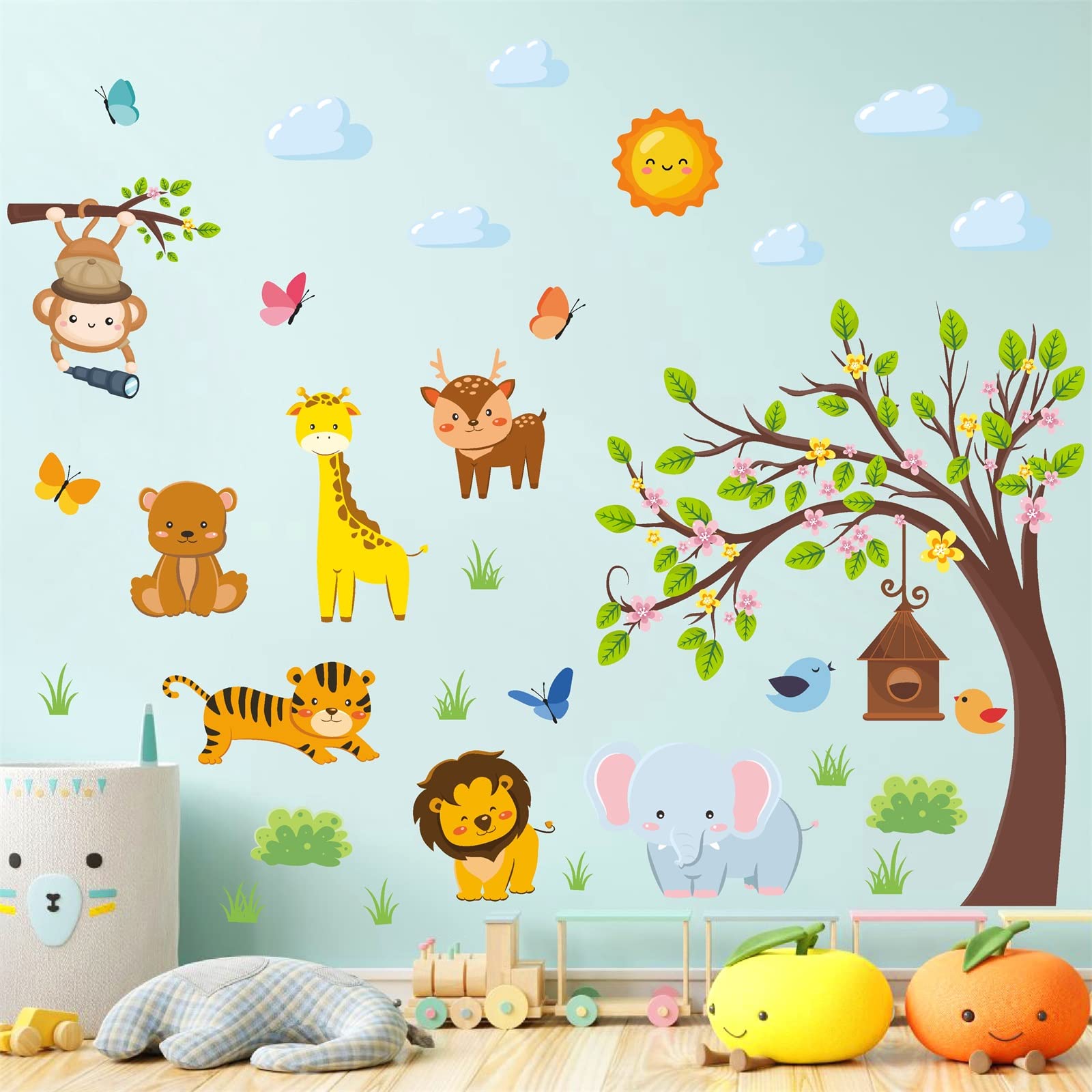 Jungle Animal Wall Decals Cartoon Tree Animal Wall Stickers Forest Animal Wall Decals Peel and Stick Elephant Woodland Animal Wall Decal for Girl Boy Room Kids Baby Room Nursery Playroom Bedroom Decor