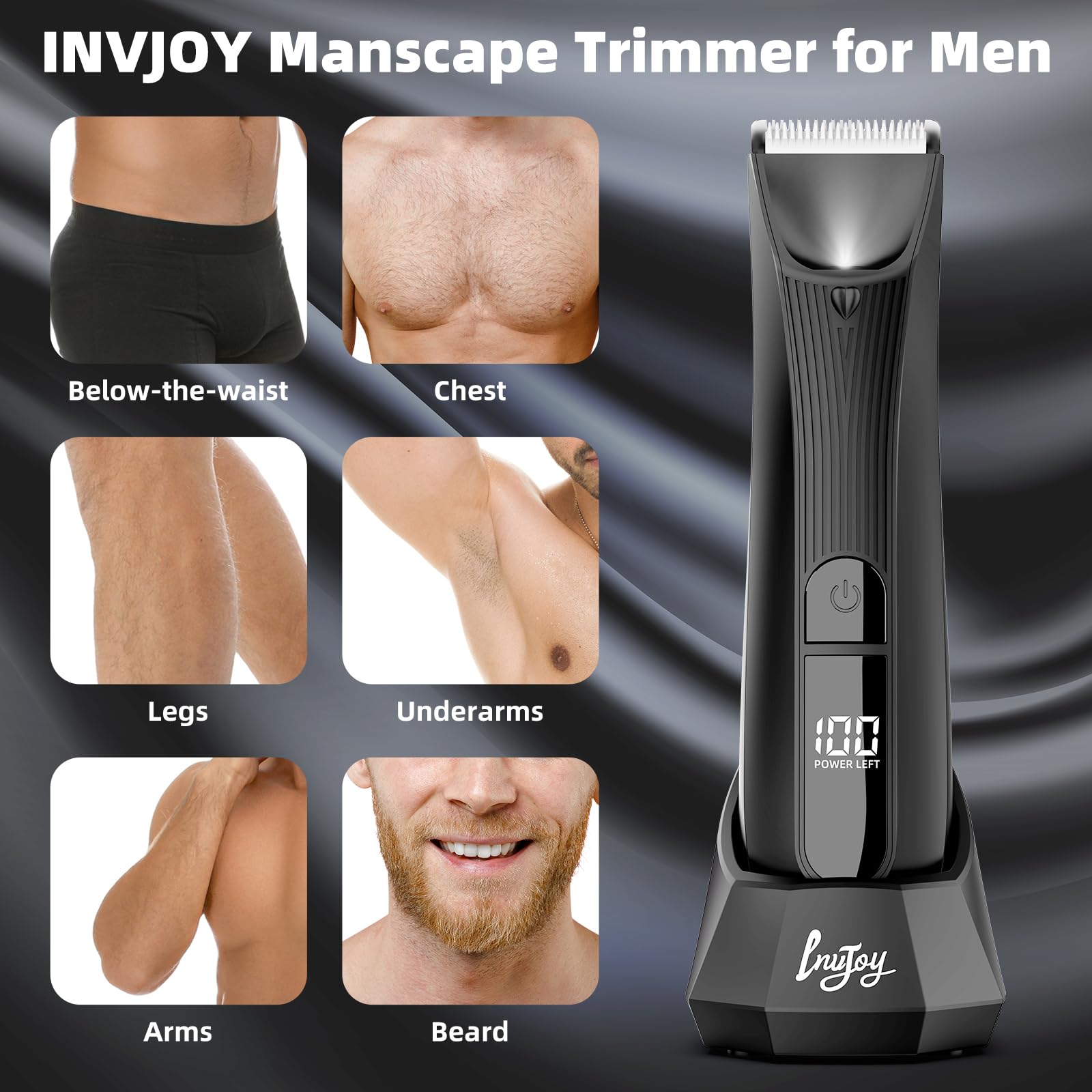 INVJOY Manscape, Body & Pubic Hair Trimmer for Men w/Light - No Nick, No Cut, Ball Trimmer Men - No Razor Burn Groin, Body Groomer Shaver, IPX7 Waterproof Electric Razor w/Recharge Dock, Gift for Men