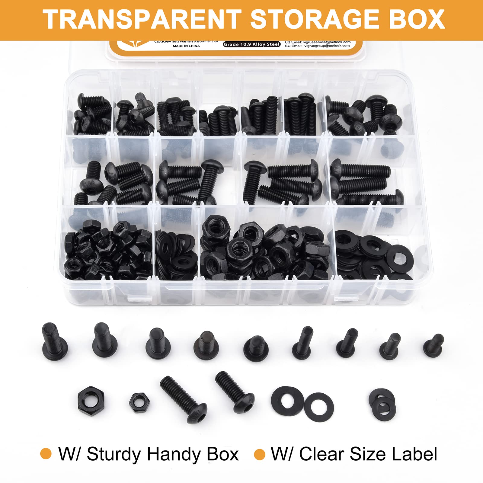 VIGRUE 288PCS M6 M8 Button Head Hex Socket Cap Screws Bolts Nuts Washer Assortment Kit, 10.9 Grade Alloy Steel Black Oxide, Fully Threaded