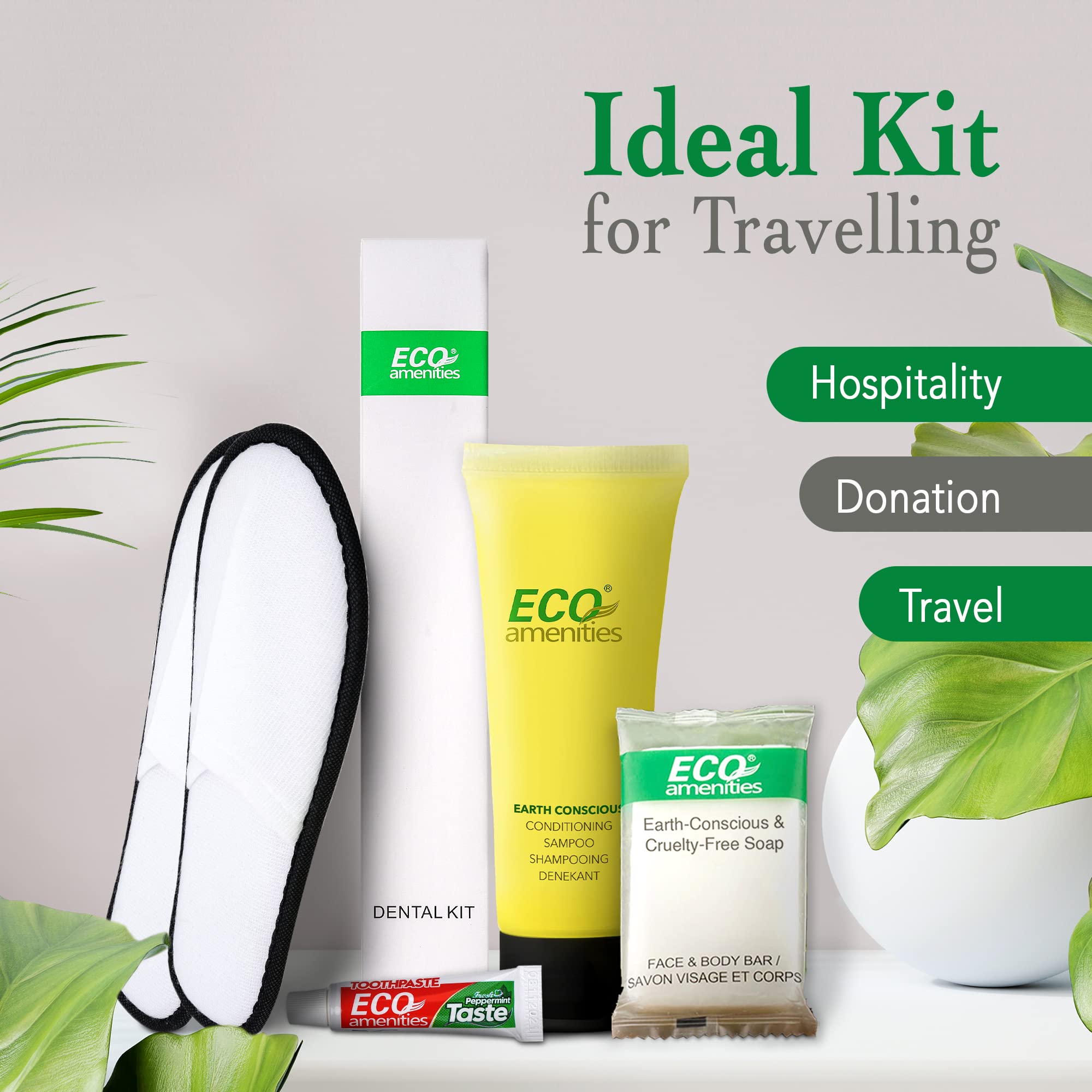 ECO Amenities 140 PIECE Bulk Hotel Toiletries Set - 30ml Conditioning Shampoo, 14g Bar Soap, Boxed Toothbrush and Toothpaste (40 each), Closed Toe Slippers (20 pairs) for Travel, Hotels, AirBnB Guests