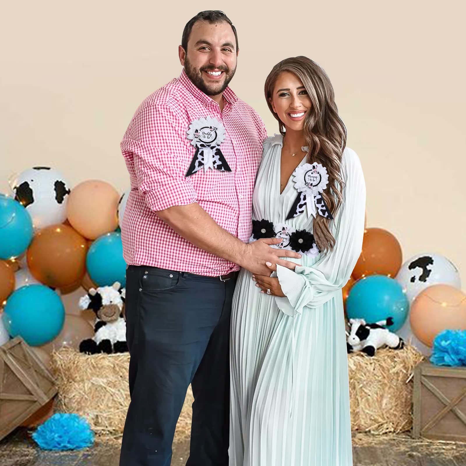 JOYMEMO Cow Baby Shower Sash - Maternity Sash Kit with Mom to Be Dad to Be Corsage Pins, Cow Gender Reveal Pregnancy Flower Belly Belt Photo Props New Parents Keepsake, Farm Cow Print Party Decor