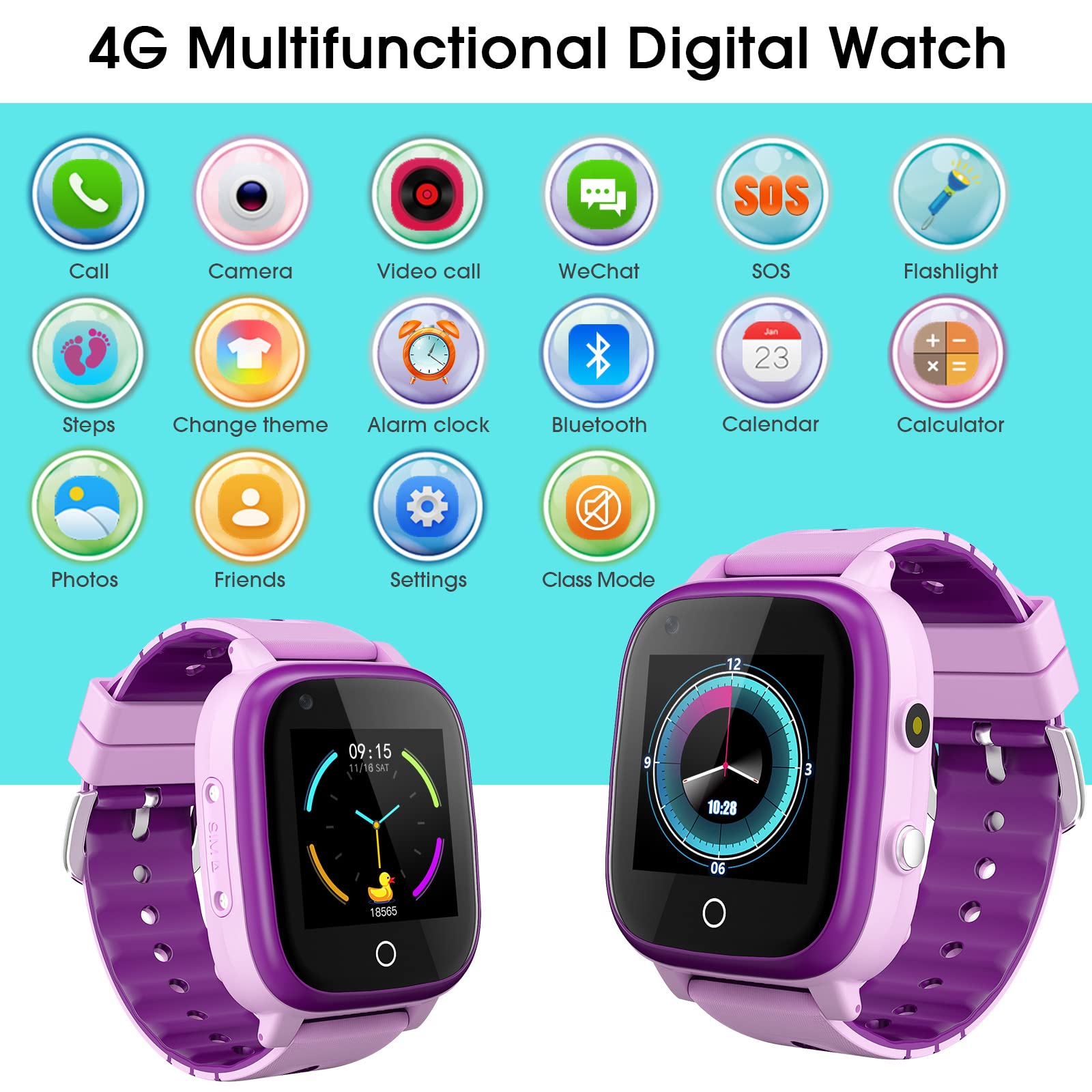 4G Kids Smart Watch with GPS Tracker and Calling, IP67 Waterproof, 2-Way Calls, GPS Tracker, SOS Kids Cell Phone Wrist Watch for Age 3-14 Girls Boys Girls Christmas BirthdayBirthday Gifts (purple)