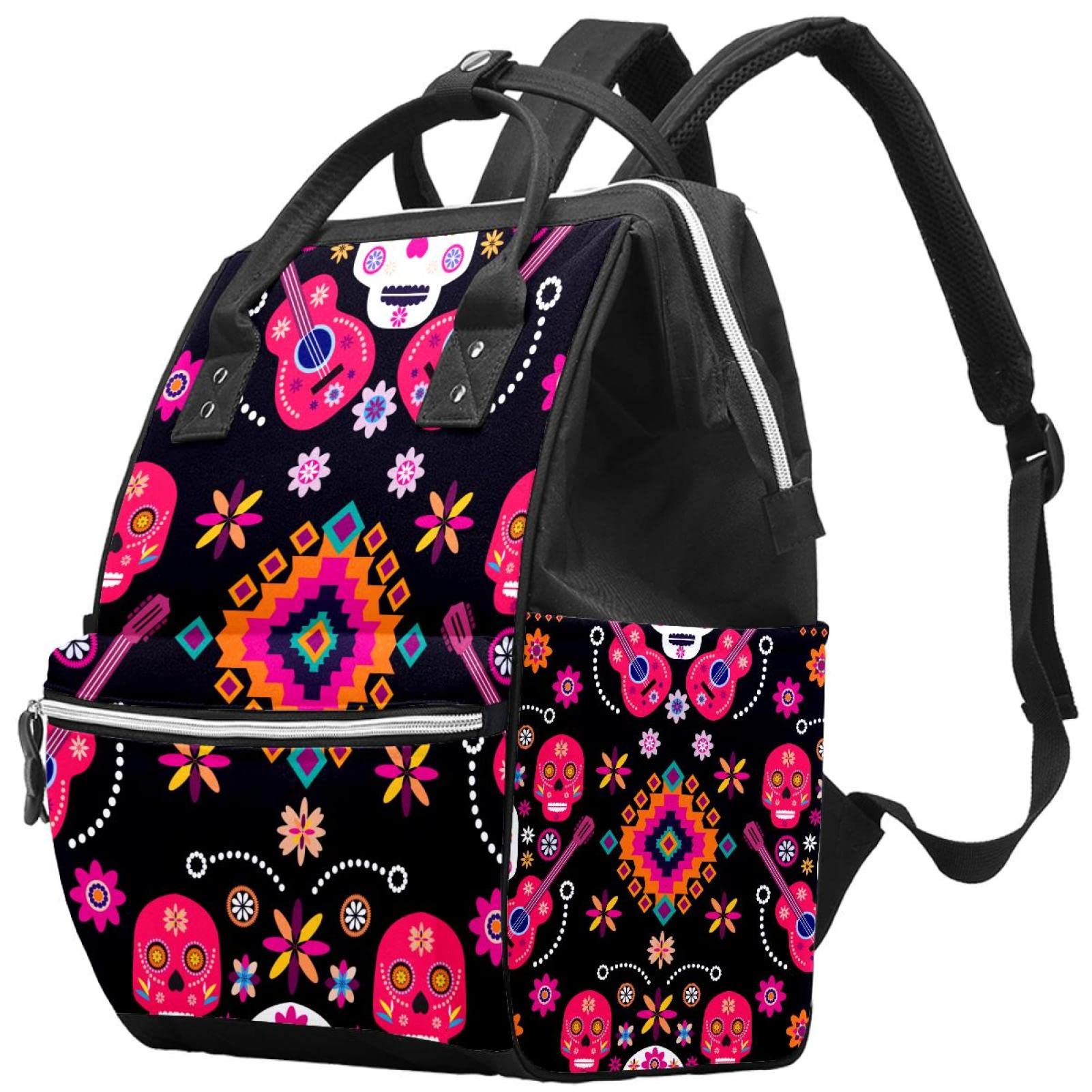 Sugar Skulls with Flowers Guitar Diaper Bag Backpack Baby Nappy Changing Bags Multi Function Large Capacity Travel Bag