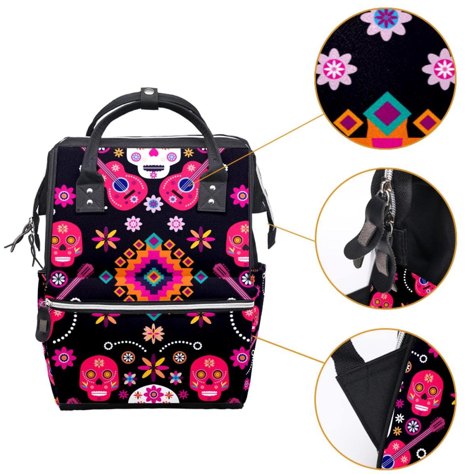 Sugar Skulls with Flowers Guitar Diaper Bag Backpack Baby Nappy Changing Bags Multi Function Large Capacity Travel Bag