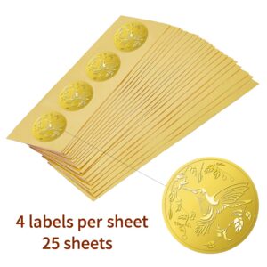 BENECREAT 100pcs Hummingbird Gold Foil Certificate Seals, 2" Leaves Flower Self Adhesive Embossed Stickers Decoration Labels for Envelopes Diplomas Awards Graduation