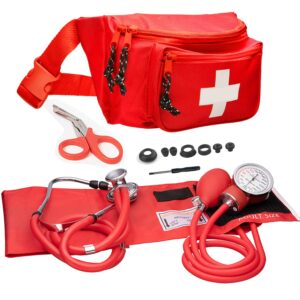 novamedic first aid fanny pack stocked with emergency essentials and professional aneroid sphygmomanometer blood pressure machine with stethoscope set, essential medical supplies kit