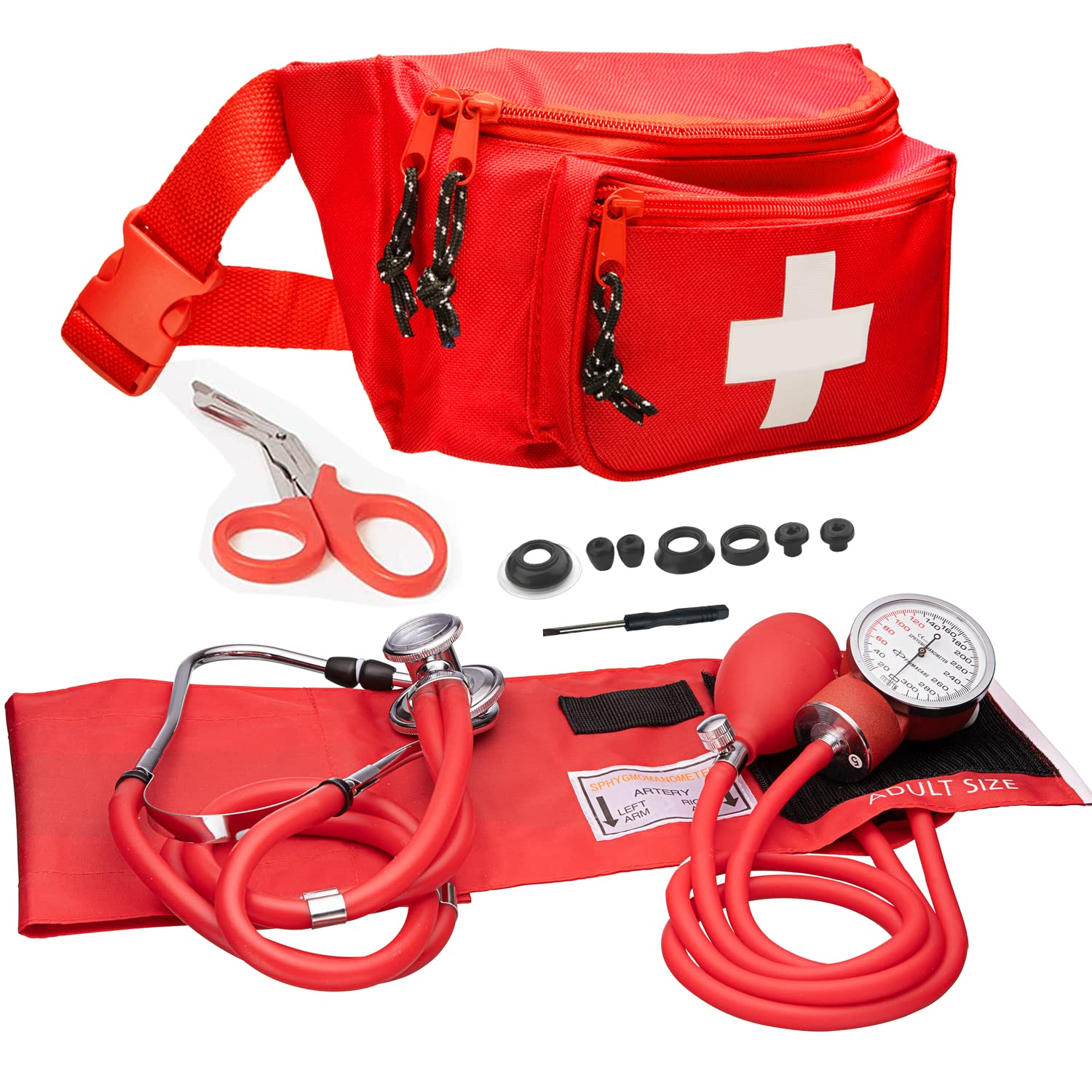 NOVAMEDIC First Aid Fanny Pack Stocked with Emergency Essentials and Professional Aneroid Sphygmomanometer Blood Pressure Machine with Stethoscope Set, Essential Medical Supplies kit