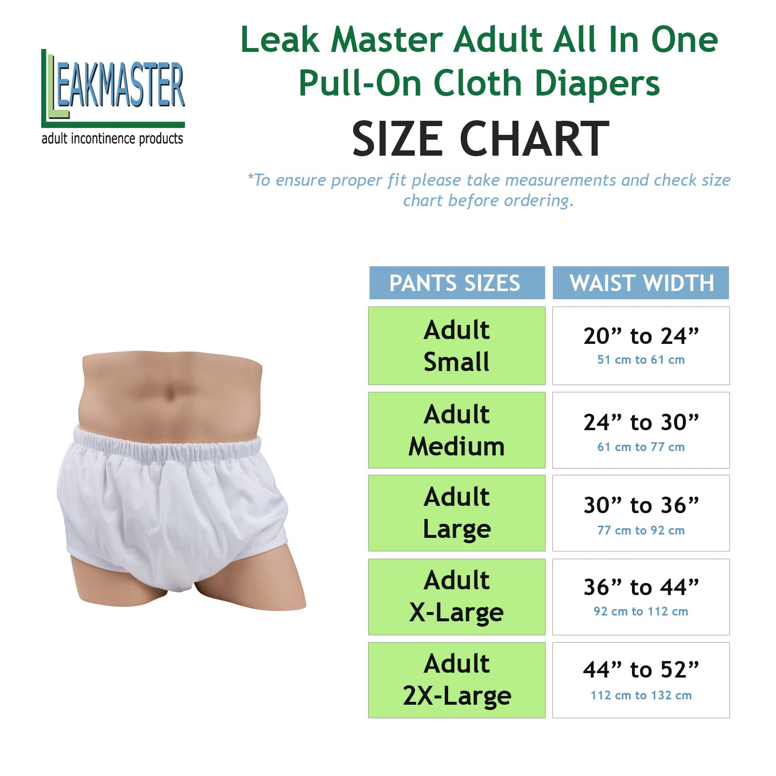 Adult All in One Pull-On Cloth Diaper by LeakMaster - Sewn-On Waterproof Outer Layer. 8 Total Interior Layers of Absorbency. Secure Incontinence Protection. (Large 30-36-Inch Waist)