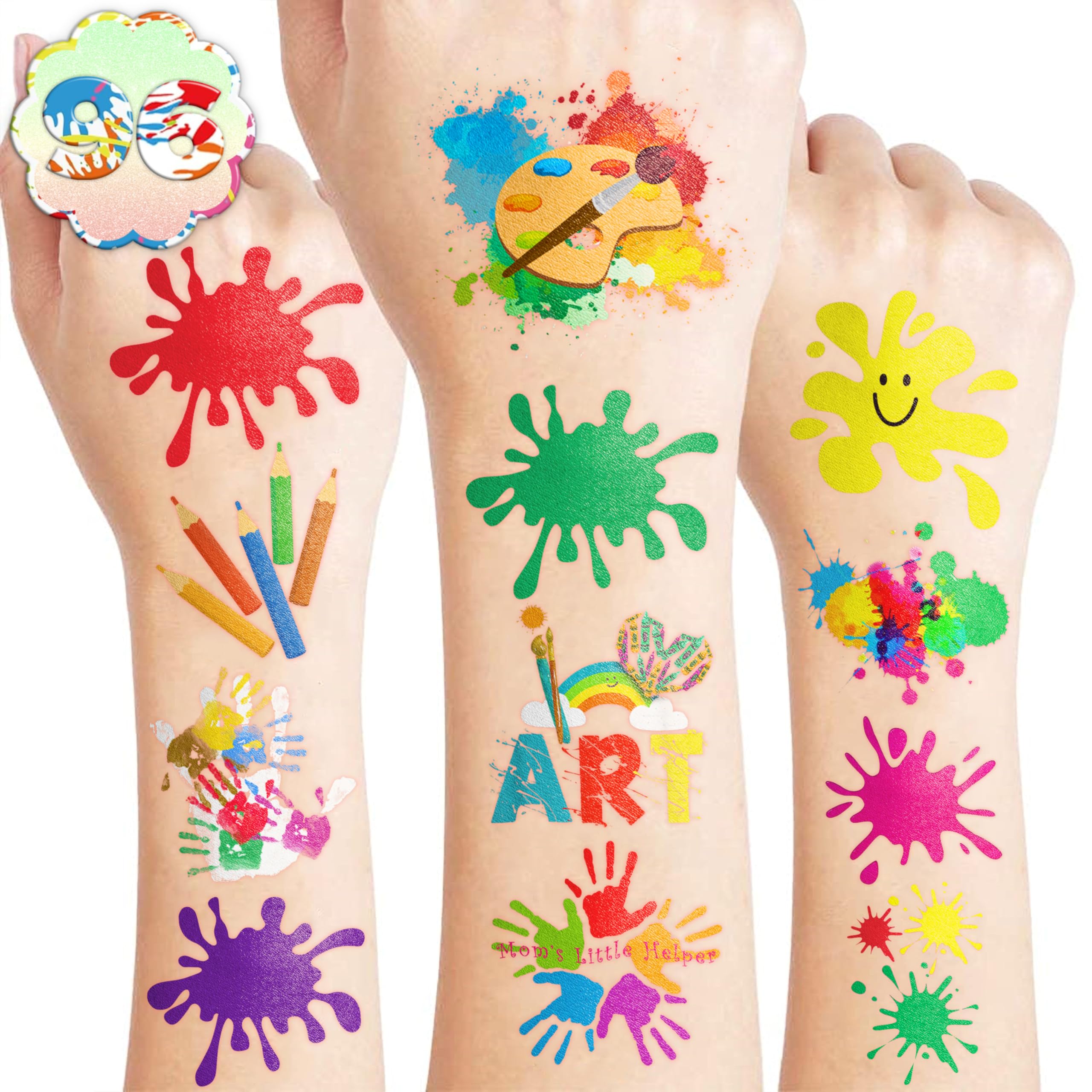 Art Temporary Tattoo Birthday Party Decorations Favors 8 Sheets (96PCS) Tattoos Stickers Cute Party Supplies Kids Girls Boys Gifts Classroom School Prizes Themed