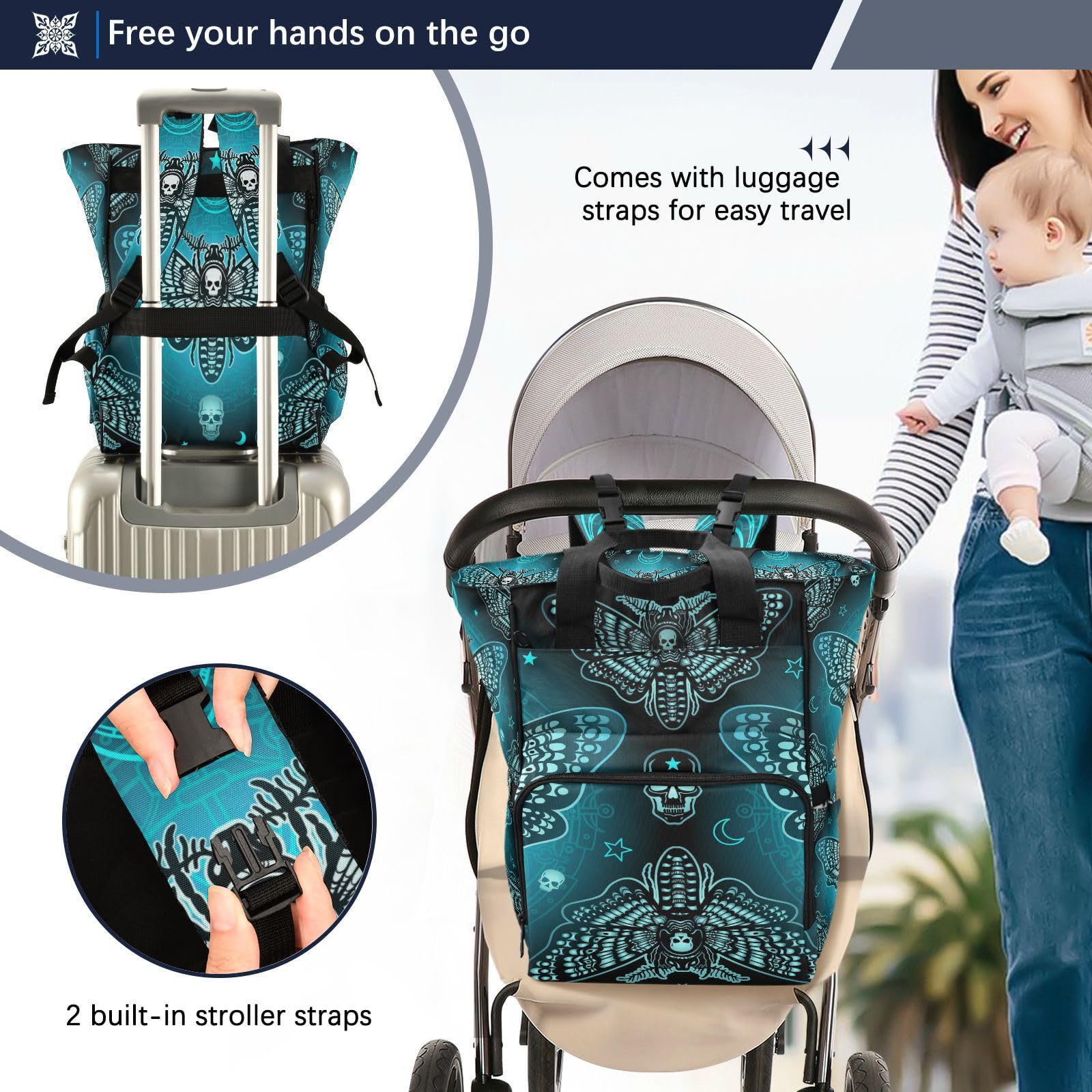 MNSRUU Diaper Bag Butterfly Skull Boho Diaper Bag Backpack Multifunction Travel Diaper Bag Tote Large Capacity Diaper Changing Backpacks for Moms Dads