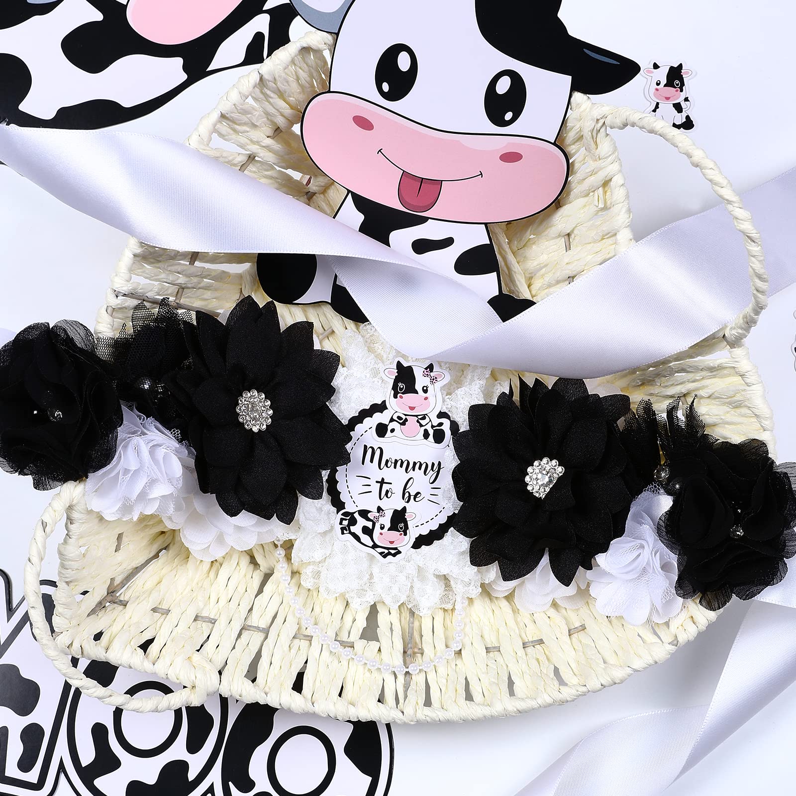 JOYMEMO Cow Baby Shower Sash - Maternity Sash Kit with Mom to Be Dad to Be Corsage Pins, Cow Gender Reveal Pregnancy Flower Belly Belt Photo Props New Parents Keepsake, Farm Cow Print Party Decor