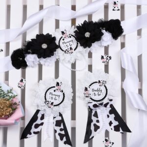 JOYMEMO Cow Baby Shower Sash - Maternity Sash Kit with Mom to Be Dad to Be Corsage Pins, Cow Gender Reveal Pregnancy Flower Belly Belt Photo Props New Parents Keepsake, Farm Cow Print Party Decor