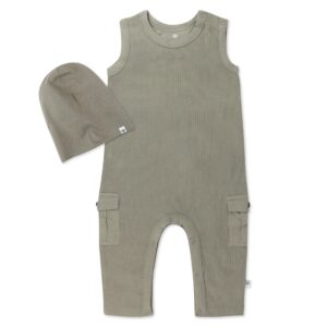 honestbaby 2-piece organic cotton sleeveless coverall and beanie set, khaki, 12 months